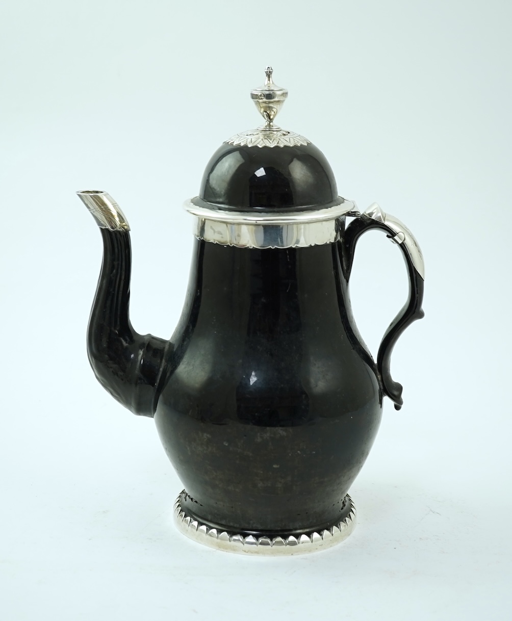 A Belgian silver mounted terre noire de Namur coffee pot, 18th century